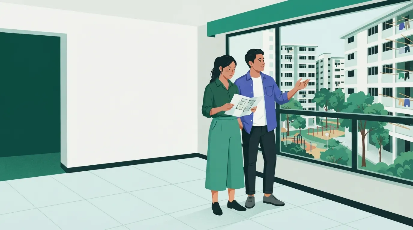 Illustration: a young couple on a resale flat viewing, one holding a floor plan, the other pointing at the view of playgrounds and blocks.
