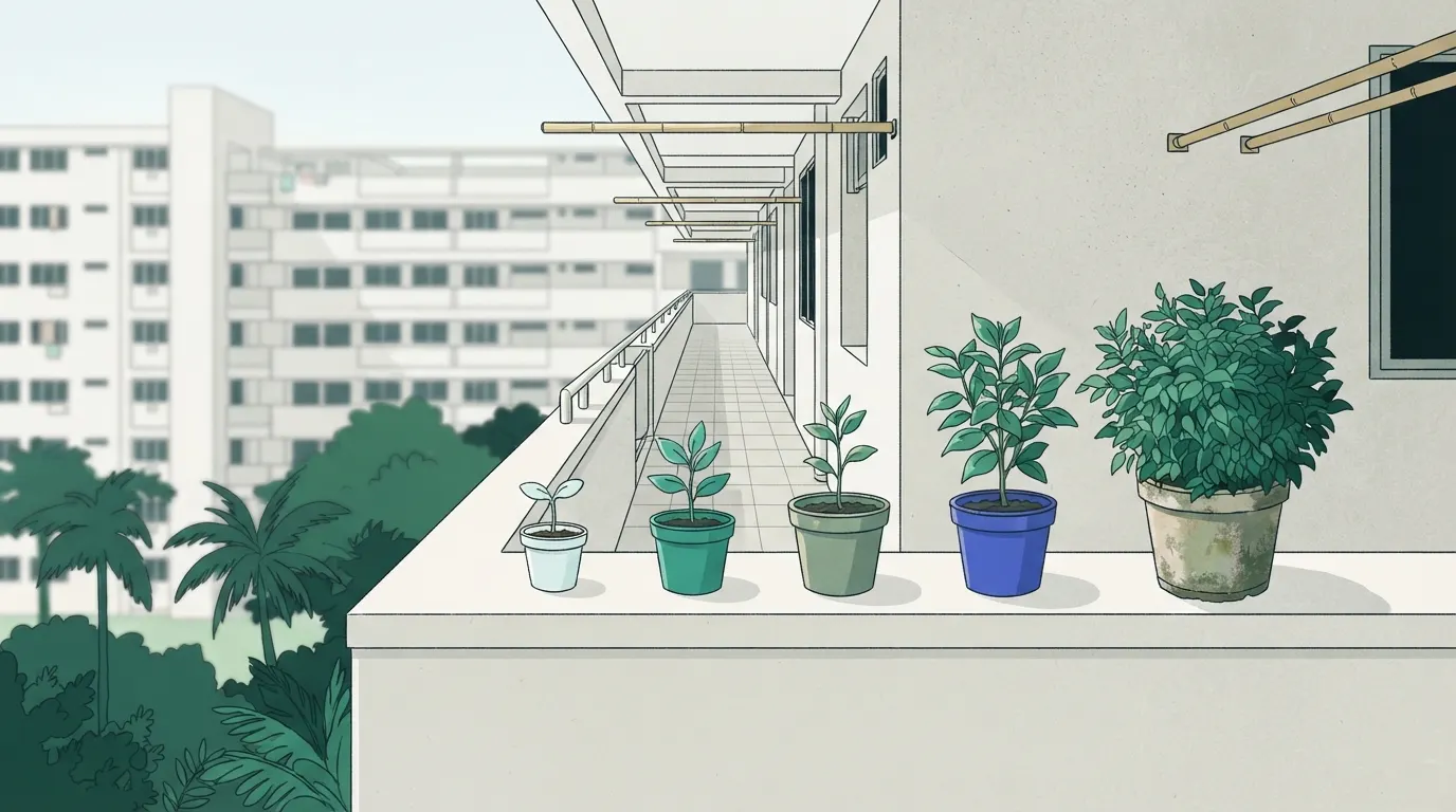 Illustration: five potted plants along an HDB corridor ledge, growing from a seedling to a full plant, marking five years.
