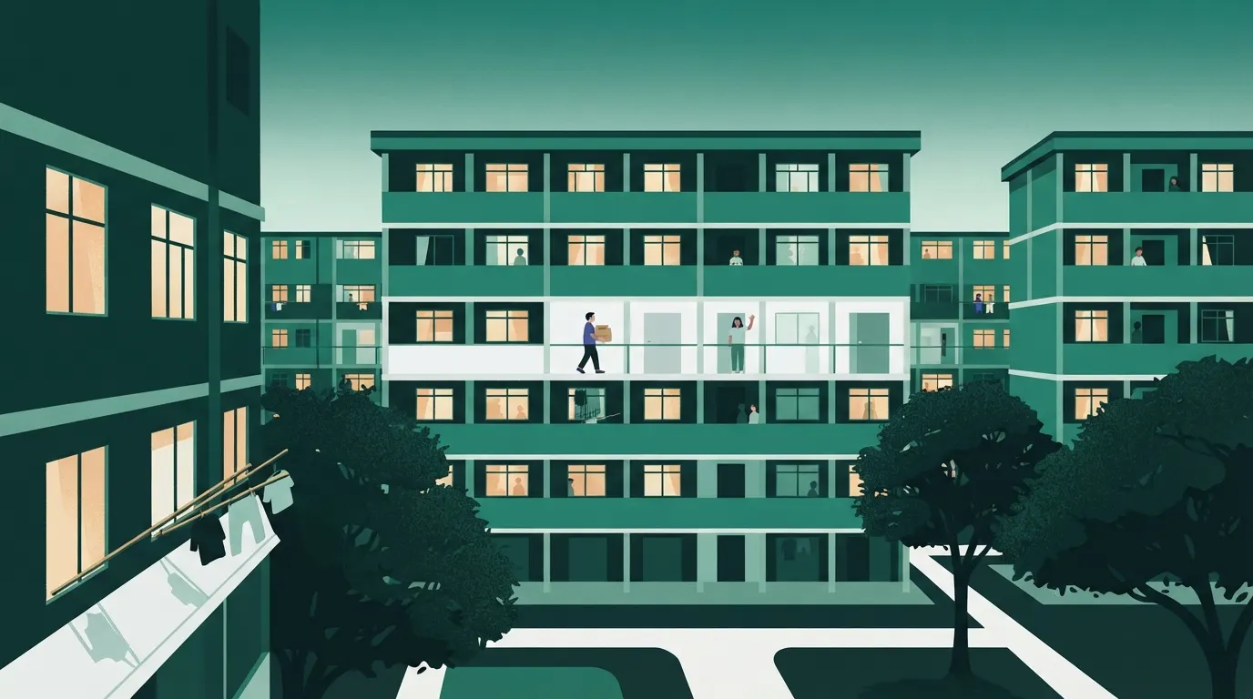 Illustration: an HDB estate at dusk with lit windows, a tenant carrying a box along a corridor while a neighbour waves.