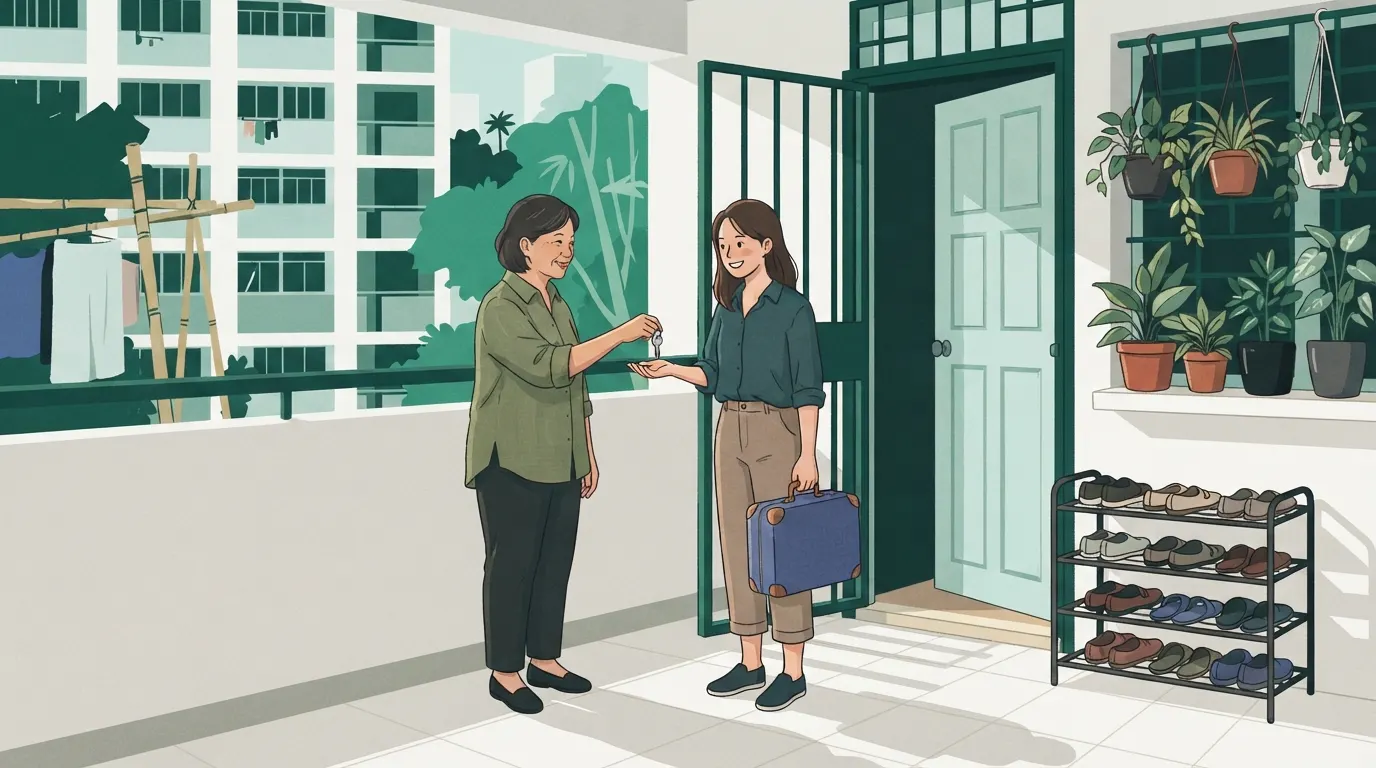 Illustration: an HDB flat owner hands keys to a tenant with a suitcase at the gate along an open common corridor.