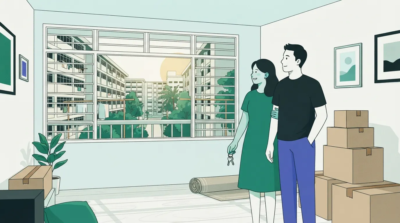 Illustration: a couple in their half-packed HDB living room, keys in hand, looking out at the neighbouring blocks.