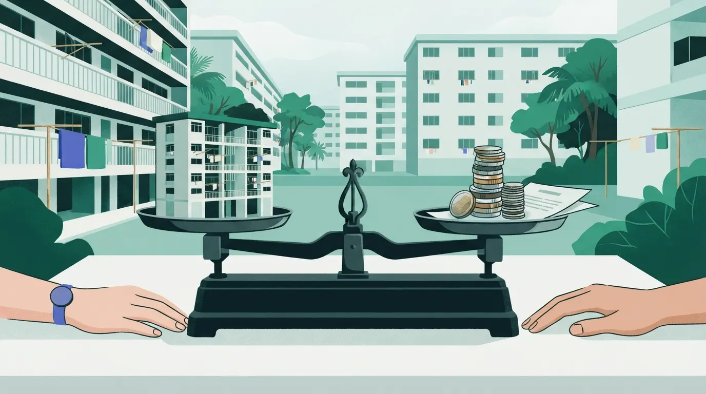 Illustration: a balance scale with a model HDB block on one pan and coins with a document on the other, a hand on each side.